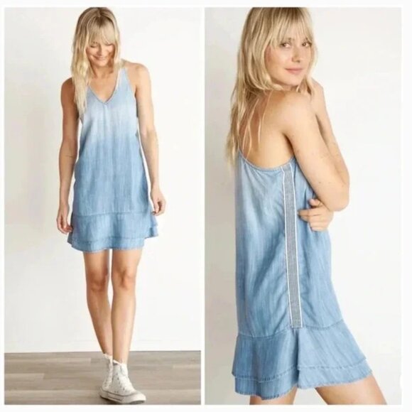 Bella Dahl Side Stripe Sleeveless Racerback Chambray Mini Dress Blue Small - Picture 1 of 16